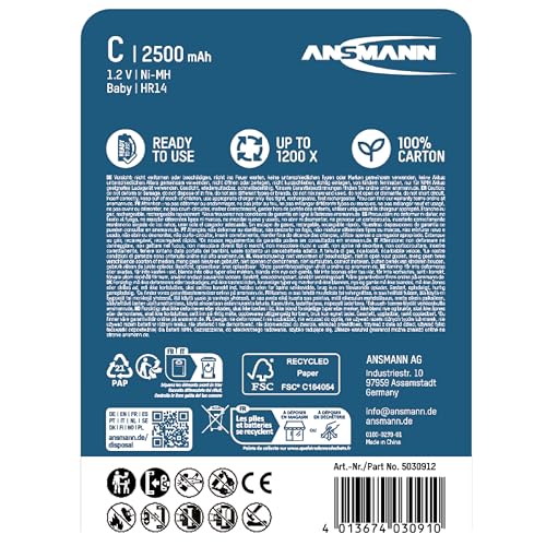 ANSMANN maxE Baby C Akku 2500mAh (2er Pack) vorgeladene ready2use NiMH Power Akkubatterie Babyzelle mit geringer Selbstentladung - 2