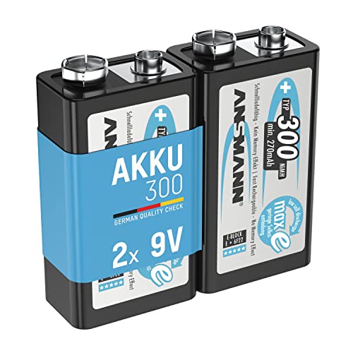 ANSMANN maxE 9V Block Typ 300 (min. 270mAh) vorgeladener 9V Akku geringe Selbstentladung Akkubatterie (2er Pack)