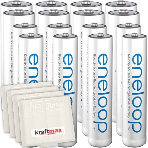 Kraftmax 16er-Kombipack Panasonic Eneloop Akkus 8 AA / Mignon , 8 AAA / Micro Hochleistungs Akku Batterien in Kraftmax Akkuboxen V5, 16er Pack