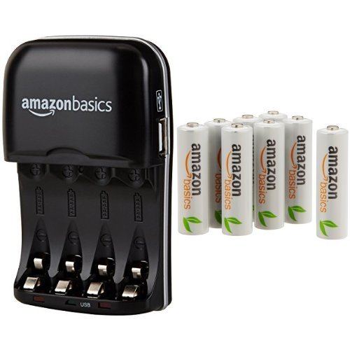 AmazonBasics Batterieladegerät für Ni-MH AA / AAA Akkus mit USB-Port und vorgeladene Ni-MH AA-Akkus, 1.000 Zyklen, 8 Stck