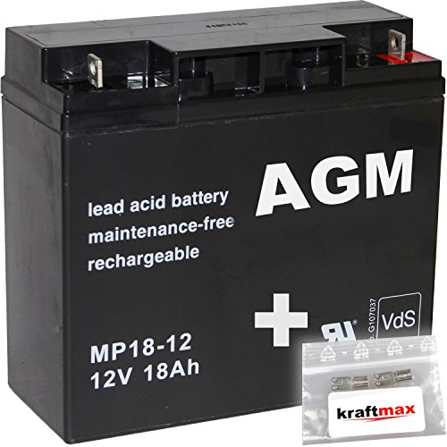 1x AGM 12V / 18Ah Blei-Akku - MP18-12 [ M5 - Bolzen inkl. Schraube und Mutter ] VdS geprüft - inkl. 2x Original Kraftmax Anschluß-Adapter