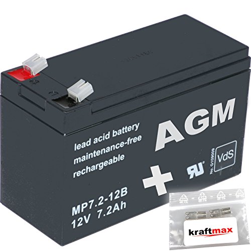 1x AGM 12V / 7,2Ah Blei-Akku - MP7,2-12B [ Faston 6,3 ] VdS geprüft - inkl. 2x Original Kraftmax Anschluß-Adapter