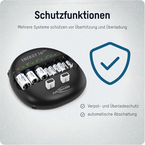 ANSMANN Energy 16 Plus Akku-Ladegerät und Pflegestation für NiMH/NiCd Akkus AAA, AA, C, D, 9V-Block + USB - 5