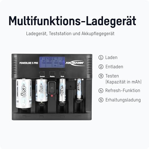 ANSMANN Powerline 5 Pro Akku Ladegerät für 1-4 AAA, AA, C, D NiMH/NiCd Akkus sowie 1 9V E-Block, USB-Port, Ladestrom einstellbar, Kapazitätsmessung, LCD - 2