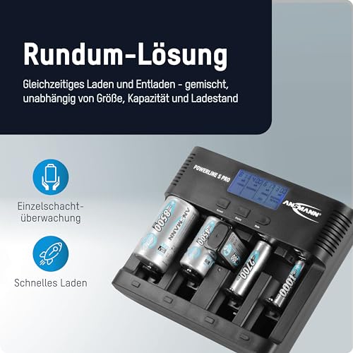 ANSMANN Powerline 5 Pro Akku Ladegerät für 1-4 AAA, AA, C, D NiMH/NiCd Akkus sowie 1 9V E-Block, USB-Port, Ladestrom einstellbar, Kapazitätsmessung, LCD - 4