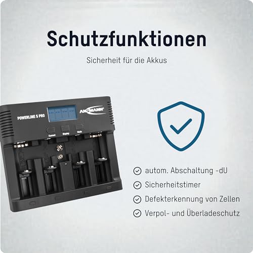 ANSMANN Powerline 5 Pro Akku Ladegerät für 1-4 AAA, AA, C, D NiMH/NiCd Akkus sowie 1 9V E-Block, USB-Port, Ladestrom einstellbar, Kapazitätsmessung, LCD - 5