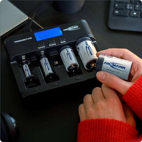 ANSMANN Powerline 5 Pro Akku Ladegerät für 1-4 AAA, AA, C, D NiMH/NiCd Akkus sowie 1 9V E-Block, USB-Port, Ladestrom einstellbar, Kapazitätsmessung, LCD - 6