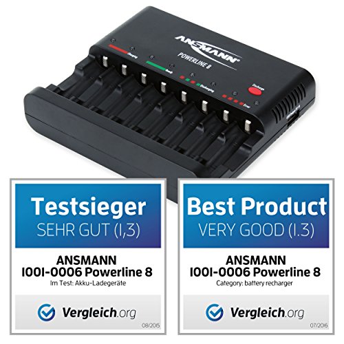 ANSMANN DAS STARTER SET: Powerline 8 Akku-Ladegerät Testsieger (Vergleich.org 08/2015) mit Entladefunktion, USB + 4x AA Akku 2100mAh + 4x AAA Akku 800mAh - 2