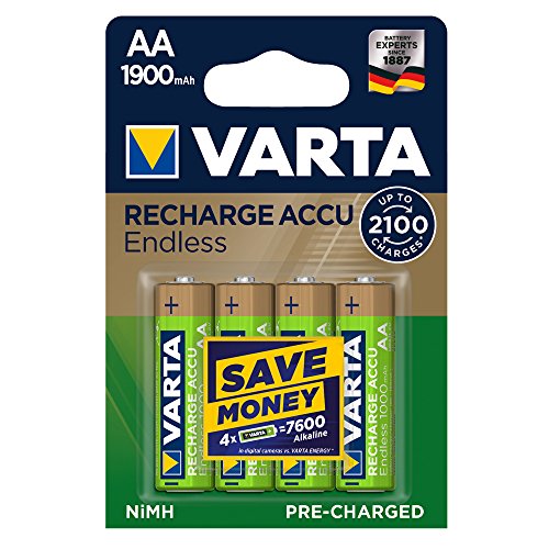 Varta Endless Energy Akku (bis zu 2100 Ladezyklen, geringe Selbstentladung, Ready2Use vorgeladene AA Mignon Ni-MH Accu, 4er Pack 1900mAh, wiederaufladbar ohne Memory-Effekt – sofort einsatzbereit) - 2