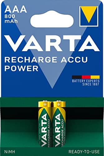 Varta Rechargeable Accu Ready To Use vorgeladener AAA Micro NiMh Akku (2er Pack, 800 mAh, wiederaufladbar ohne Memory-Effekt – sofort einsatzbereit) - 2