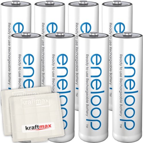 Kraftmax 8er-Pack Panasonic Eneloop AA / Mignon Akkus - Neueste Generation - Hochleistungs Akku Batterien in Kraftmax Akkuboxen V5, 8er Pack