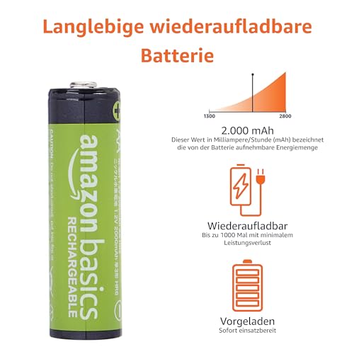 AmazonBasics Vorgeladene Ni-MH AA-Akkus – Akkubatterien (1.000 Zyklen, typisch 2000mAh, minimal 1900mAh) 8 Stck (Design kann von Darstellung abweichen) - 4