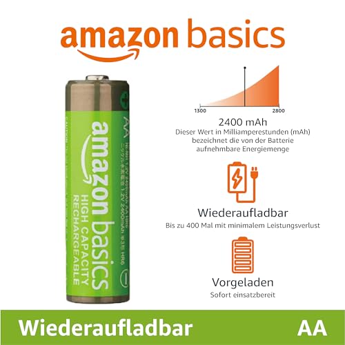 AmazonBasics Vorgeladene Ni-MH AA-Akkus – Akkubatterien, 500Zyklen (typisch 2500mAh, minimal 2400mAh), 4Stck (Design kann von Darstellung abweichen) - 2