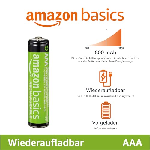 AmazonBasics Vorgeladene Ni-MH AAA-Akkus – Akkubatterien (1.000 Zyklen, typisch 800mAh, minimal 750mAh) 4 Stck (Design kann von Darstellung abweichen) - 2